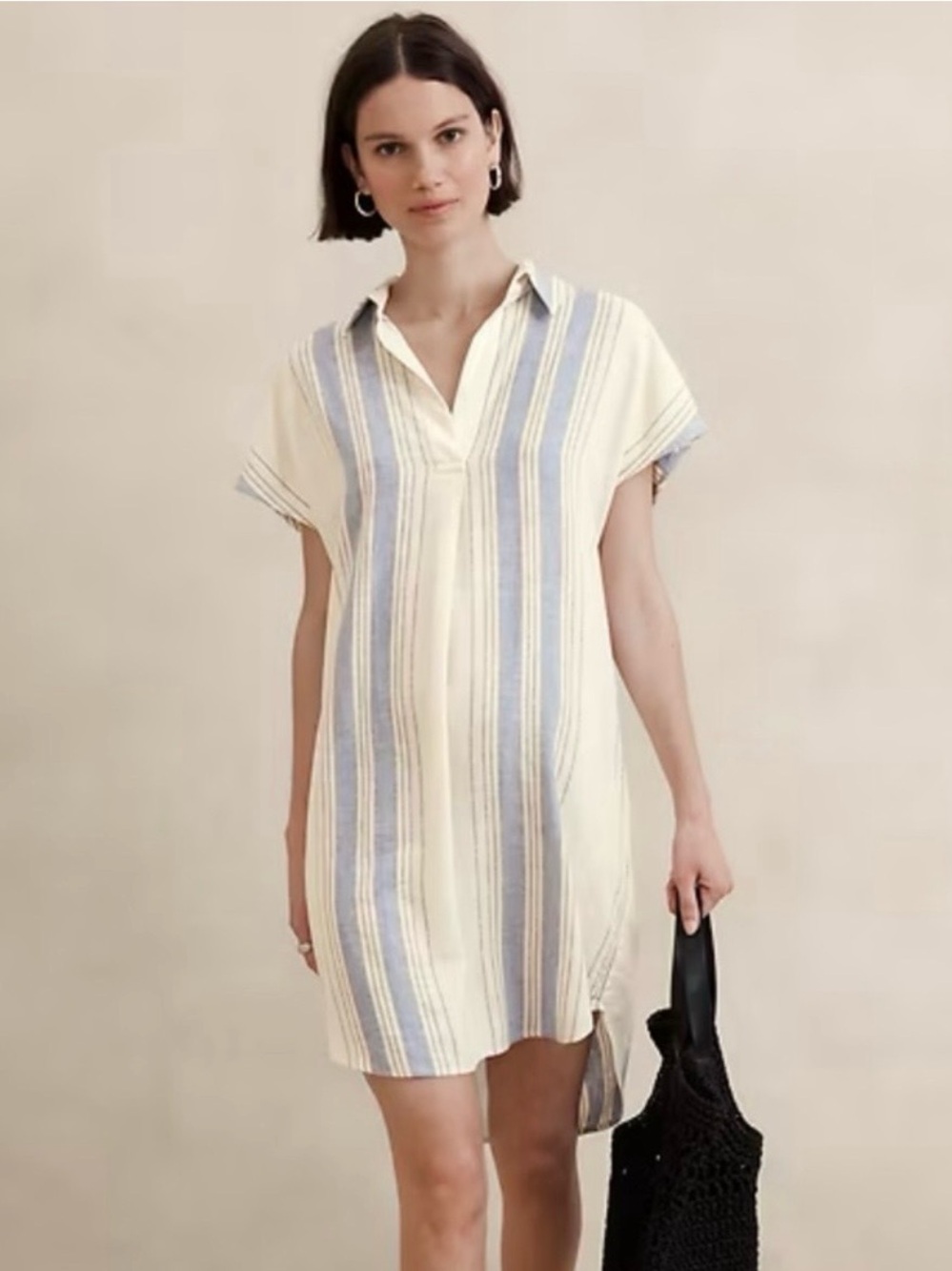 Banana Republic Cream and Light Blue Striped V-Neck Pullover mini dress NWOT